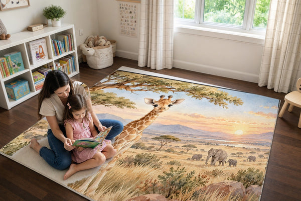 Mom and daughter reading a book on the Baby Giraffe Safari play rug