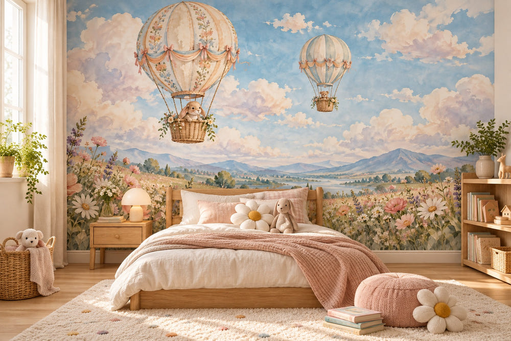 Watercolor Meadow Hot Air Balloons Wall Mural, image 1