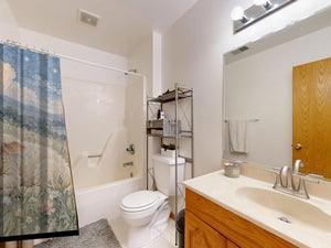 Meadow Lamb shower curtain on a tub shower combo in an American family bathroom