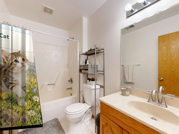 C is for Cat Alphabet shower curtain on a tub shower combo in an American family bathroom