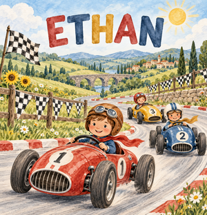 Race Day watercolor artwork with the name Ethan