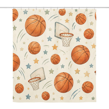 Basketball Pattern shower curtain, full front view of the 71 x 74 in fabric curtain