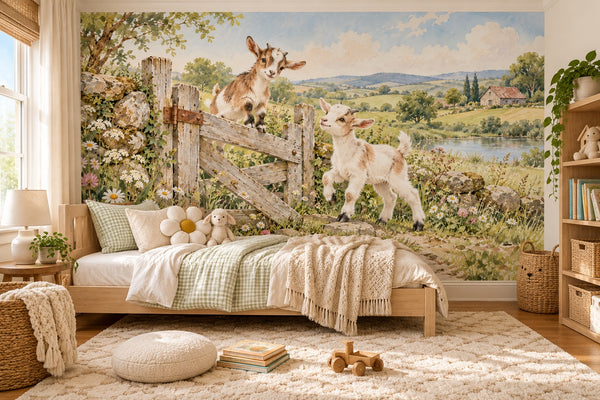 Watercolor Baby Goats Farm Wall Mural, image 2