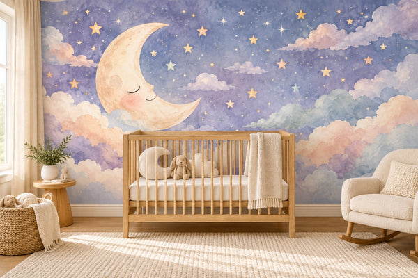 Watercolor Sleepy Moon Wall Mural, image 1