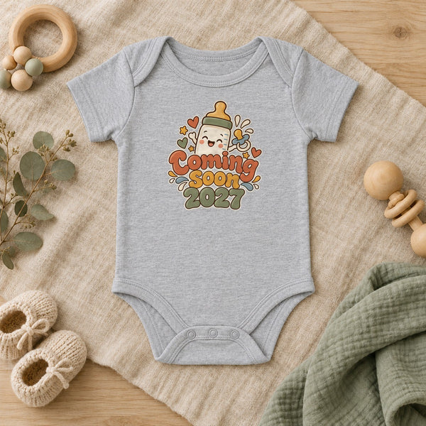 Coming Soon 2027 baby bodysuit in heather grey