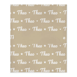 Personalize the Name Pattern toddler minky blanket in oatmeal with your baby's name