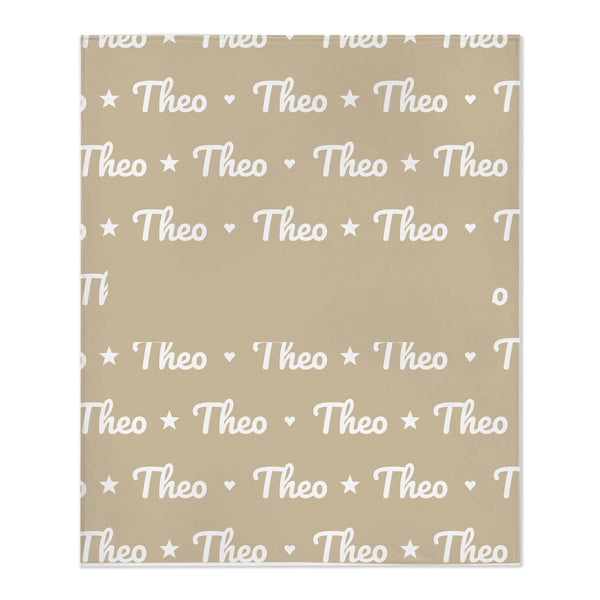 Personalize the Name Pattern toddler minky blanket in oatmeal with your baby's name