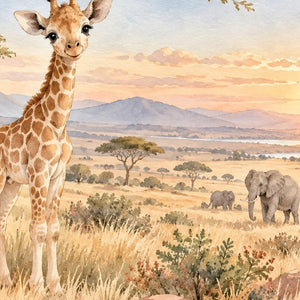 Baby Giraffe Safari kids bath mat, close up of the watercolor artwork