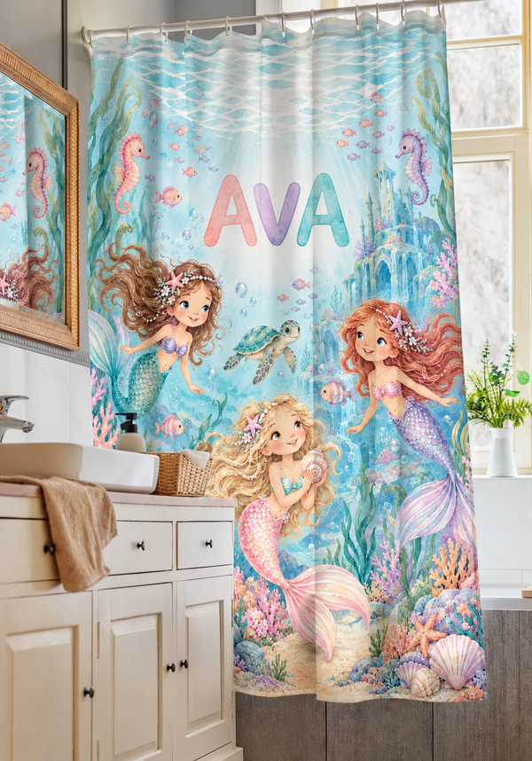 Mermaid Lagoon personalized kids shower curtain over a bathtub