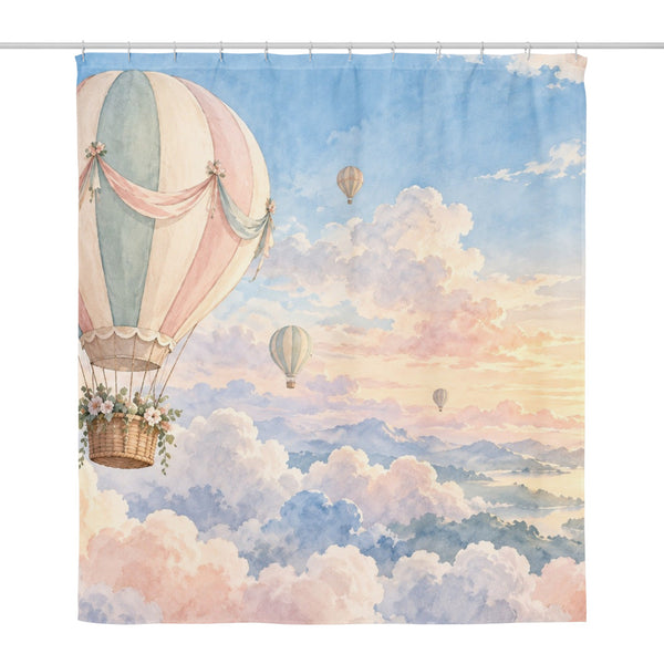 Dreamy Clouds Hot Air Balloon shower curtain, full front view of the 71 x 74 in fabric curtain