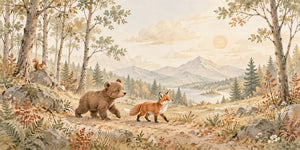 Watercolor Bear and Fox Walk Wall Mural, image 2
