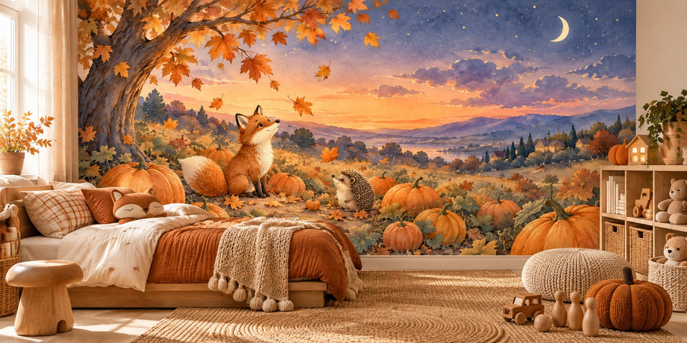 Watercolor Pumpkin Patch Halloween Wall Mural, image 1