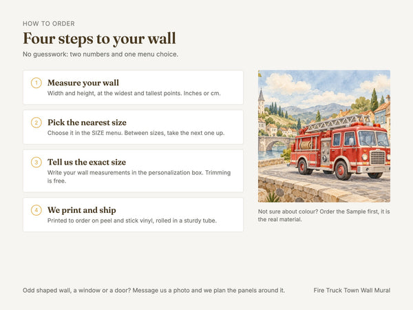 Watercolor Fire Truck Town Wall Mural, image 6