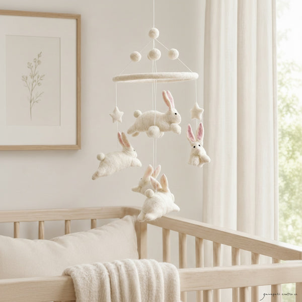 This felt bunny mobile hanging above a light wood crib in a calm, bright nursery with soft window light