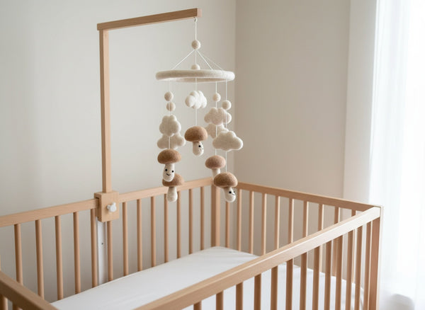 Felt mushroom baby mobile hanging above a light wood crib in a calm, sunlit nursery with neutral walls