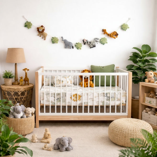 Felt jungle animal garland draped above a crib in a calm, softly lit nursery