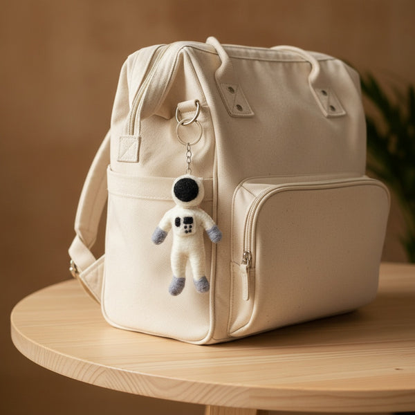 Felt astronaut keychain clipped to a canvas diaper bag on a wooden table in soft daylight.