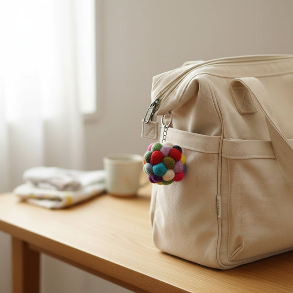 Multicolor felt pompom keychain clipped to a canvas tote on a wooden table in soft daylight
