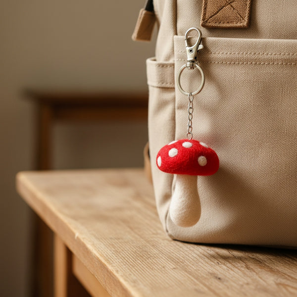 Felt mushroom keychain clipped to a canvas diaper bag on a wooden table in soft daylight.