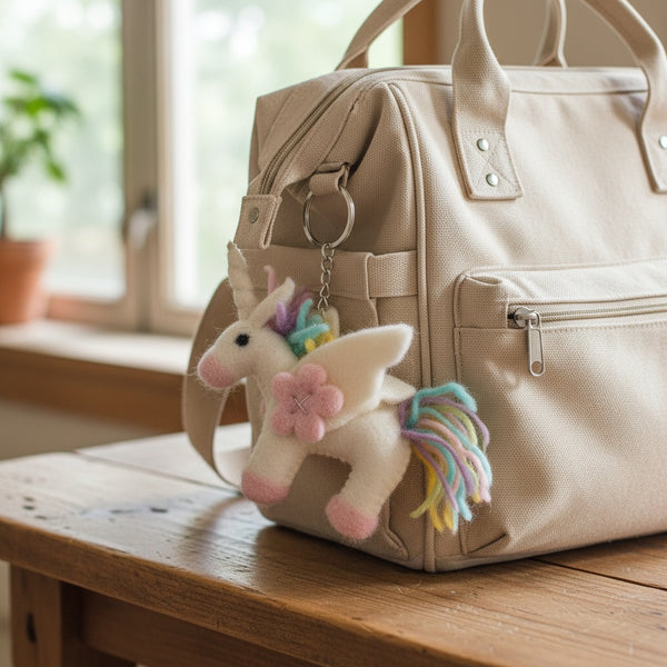 Pastel unicorn felt keychain clipped to a canvas diaper bag on a wooden table in soft light.