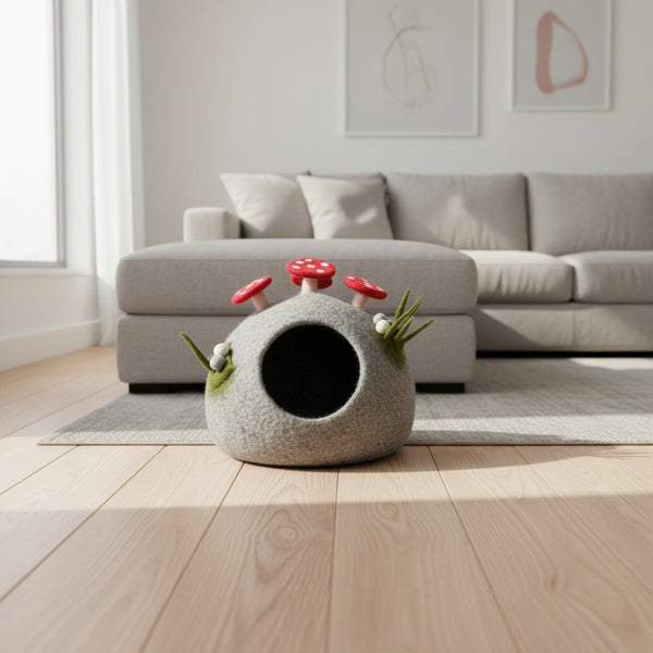 Felt mushroom cat cave resting on a wood floor beside a sofa in a bright, softly lit living room