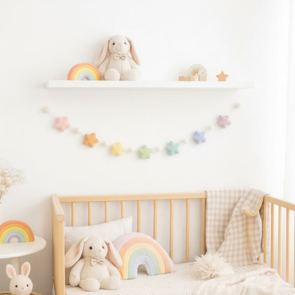 Felt pastel star garland draped above a crib in a calm nursery with soft daylight and neutral walls
