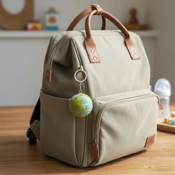Handmade felt Earth planet keychain clipped to canvas diaper bag on wood table