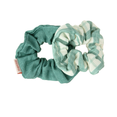 Organic cotton hair scrunchies set of 2 in fern plaid for babies, perfect accessory for seasonal wear.