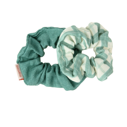 Organic cotton hair scrunchies set of 2 in fern plaid for babies, perfect accessory for seasonal wear.