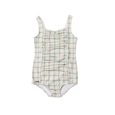 Vintage girls' 1 piece swimsuit in fern plaid, UPF protected and made from recycled materials. Perfect for summer fun!