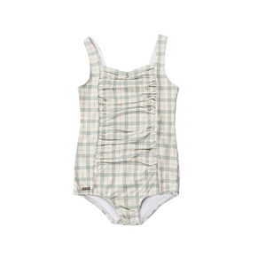Vintage girls' 1 piece swimsuit in fern plaid, UPF protected and made from recycled materials. Perfect for summer fun!