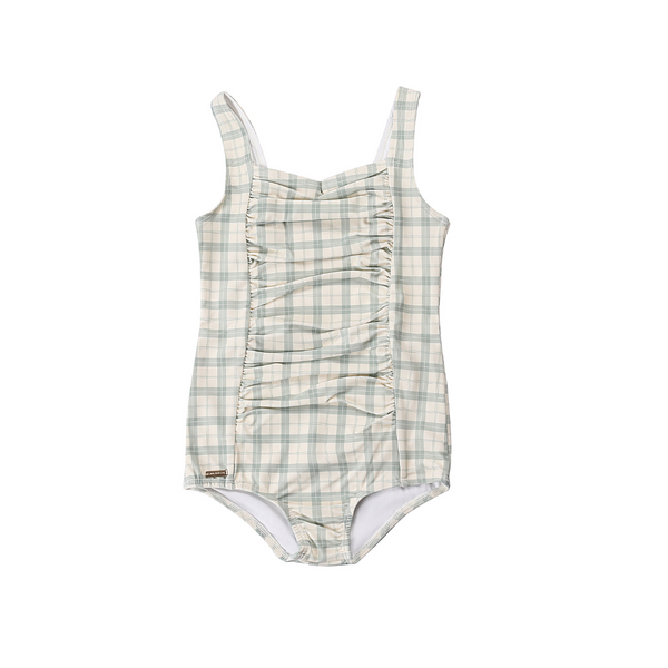 Vintage girls' 1 piece swimsuit in fern plaid, UPF protected and made from recycled materials. Perfect for summer fun!