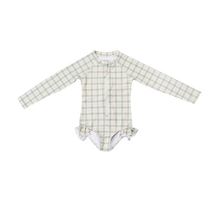 Long Sleeve Rashguard Ruffle Swimsuit in Fern Plaid - UPF protection, eco-friendly design for babies.