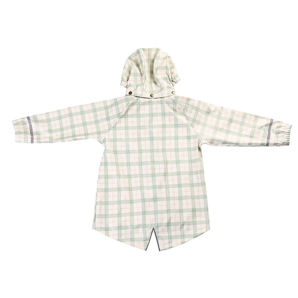 Fishtail rain jacket in fern plaid for babies, showcased from angle 3. Perfect for stylish, rainy day outings.