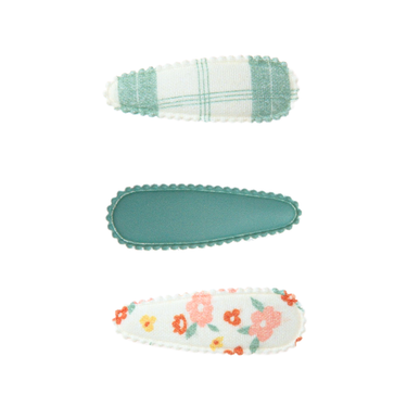 Cottage Snap Clips Set of 3 in Fern Plaid and Sunset Meadow - Organic baby accessories for stylish seasonal wear.