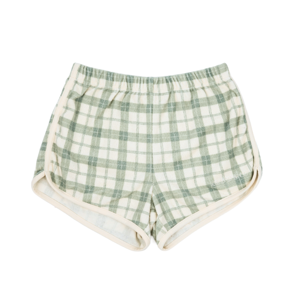 Retro shorts in organic cotton terry, fern plaid design for babies, perfect for stylish and comfortable play.