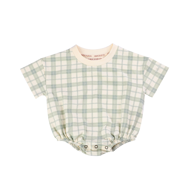 Organic cotton bubble romper in fern plaid for babies, perfect for comfort and style.