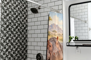 Hippo Family Safari shower curtain in a modern farmhouse bathroom with subway tile