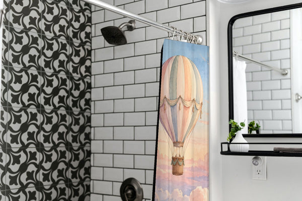 Sunrise Hot Air Balloon shower curtain in a modern farmhouse bathroom with subway tile