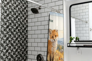 F is for Fox Alphabet shower curtain in a modern farmhouse bathroom with subway tile