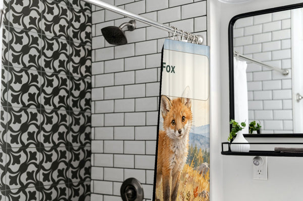 F is for Fox Alphabet shower curtain in a modern farmhouse bathroom with subway tile