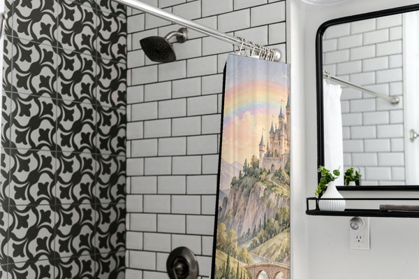 Rainbow Castle Fairy Tale shower curtain in a modern farmhouse bathroom with subway tile