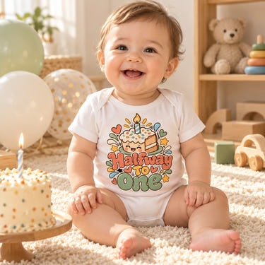 Baby wearing the Halfway To One baby bodysuit