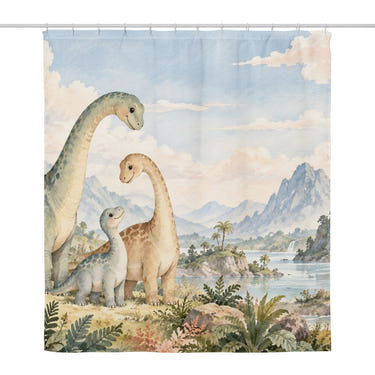 Long Neck Family Dinosaur shower curtain, full front view of the 71 x 74 in fabric curtain