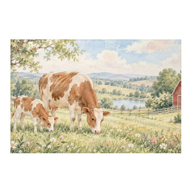 Cow and Calf Farm kids rug, full view of the printed design
