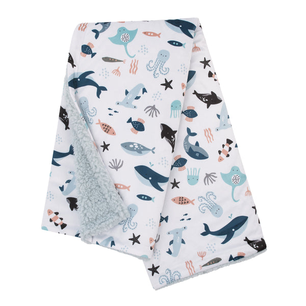 Explore Dream Discover Light Blue, Navy, Gray and Coral Super Soft Sherpa Baby Blanket