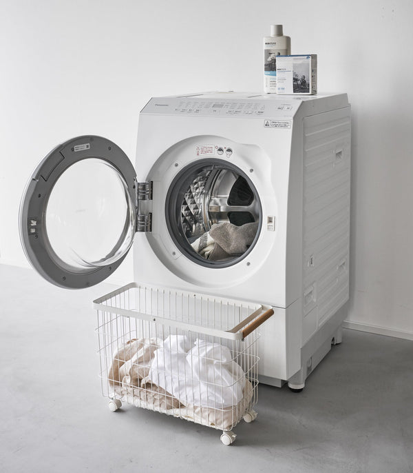 Rolling Wire Basket (15" H)  - Steel + Wood