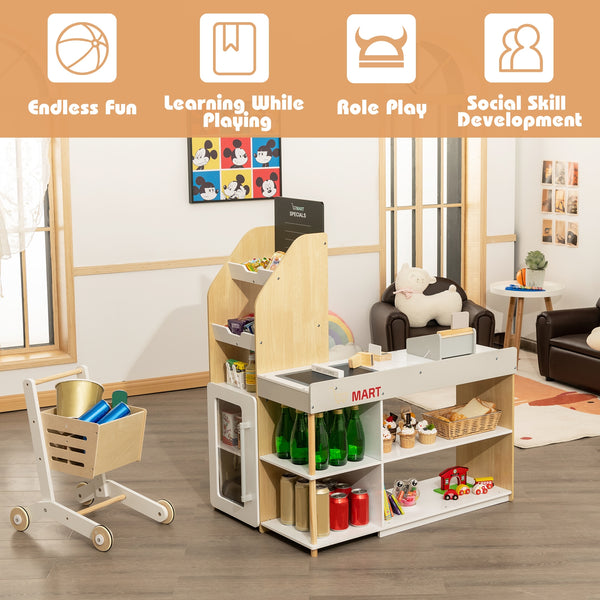 Kids Grocery Store Playset Wooden Pretend Play Supermarket with Shopping Cart