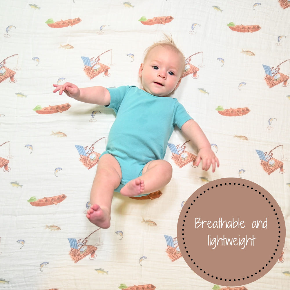 Go Fishing Adventure: 47" x 47" 100% Muslin Cotton Swaddle Blankets with Lake, Boat, Fishing Pole, and Fish Design - MOOGCO Baby