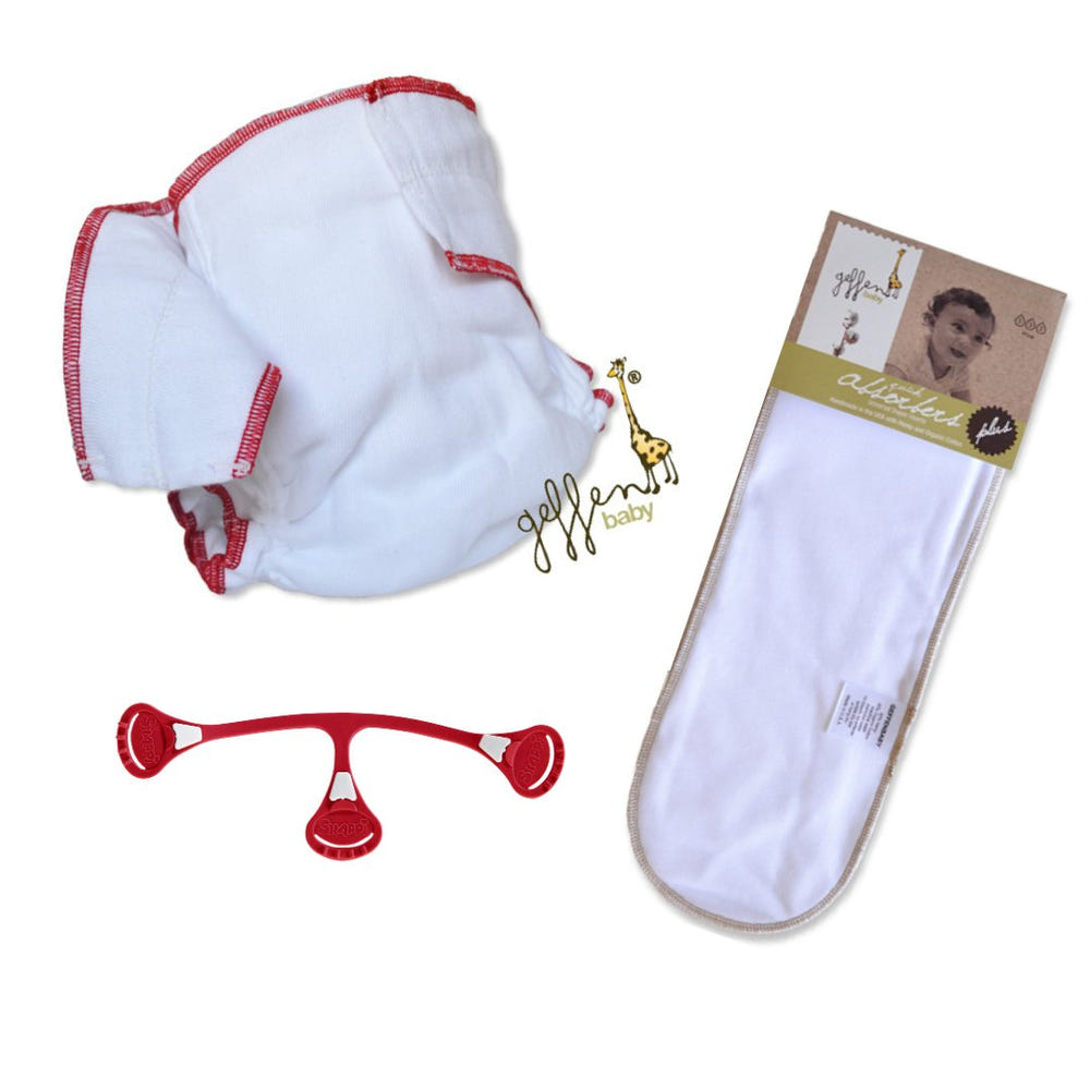 Fitted cloth diaper bundle with cotton diaper, Snappi, and 2 inserts for eco-friendly baby care.